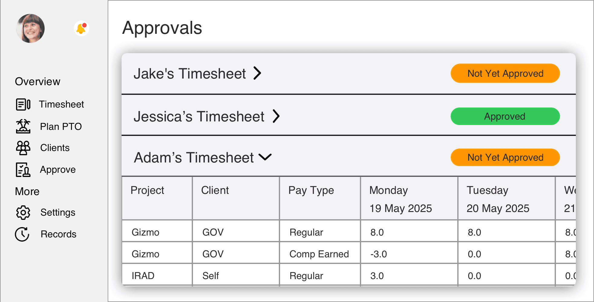 Screenshot of Approve Timesheets interface